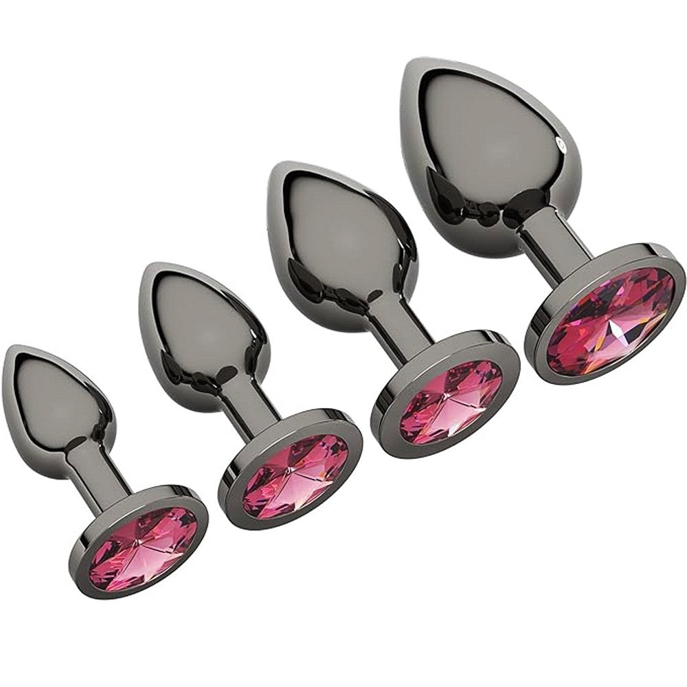 Pink Jeweled Heart Gunmetal Metal Butt Plug Set (4 Piece)