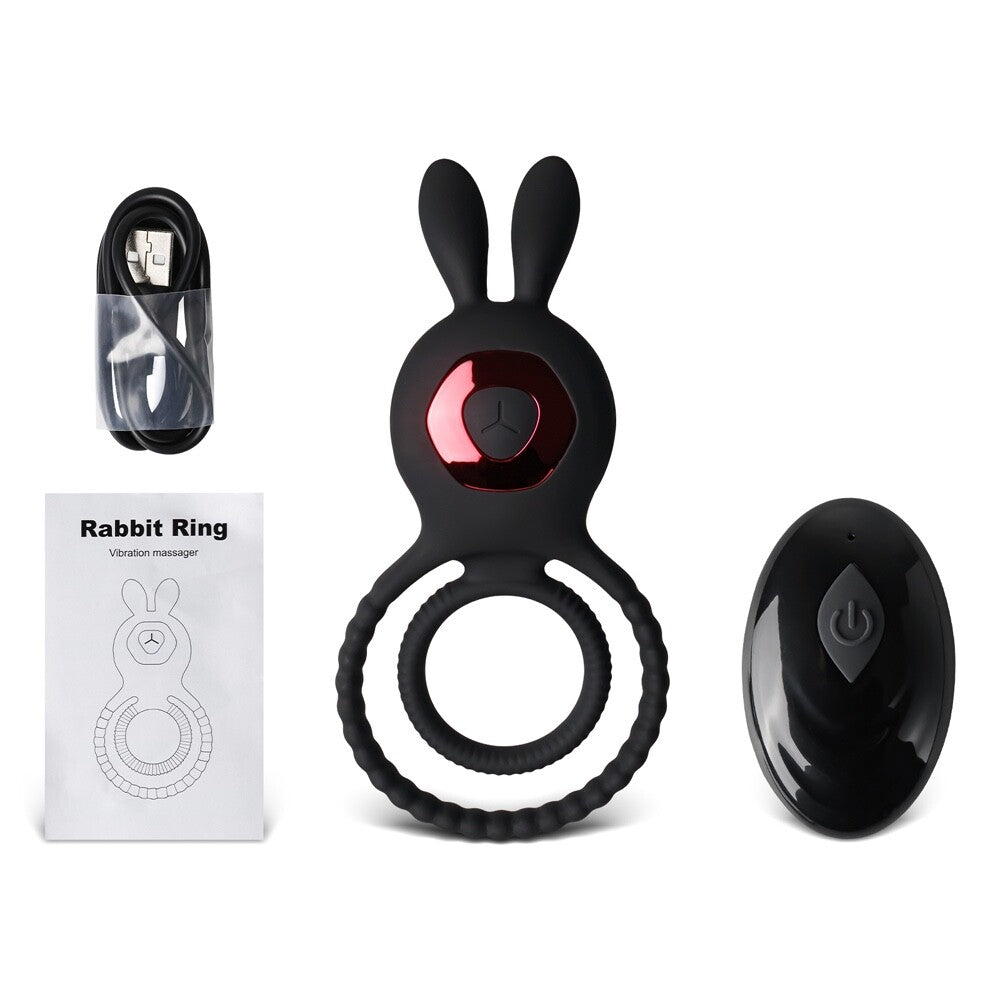 Remote Control Rechargeable Silicone Vibrating Double Rabbit Cock Ring 10 Function