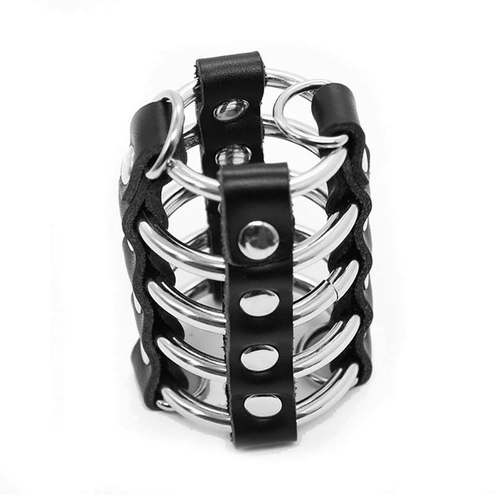 Faux Leather 5 Ring Chastity Device with Penis & Ball Strap