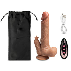 8.9" Rechargeable Vibrating, Thrusting & Warming Dildo with Vibrating Tongue & Remote, 13 Function