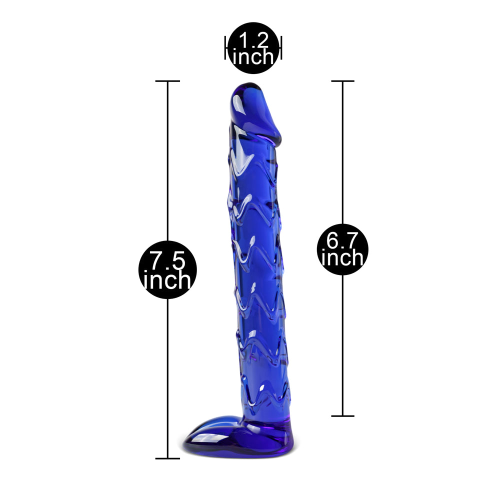Blue Zig Zag Glass Dildo with Balls 7 inch