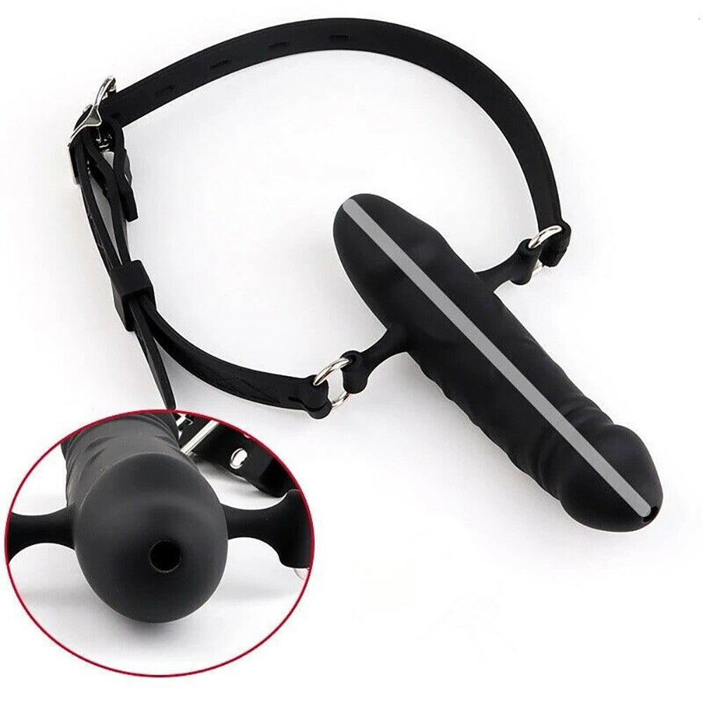 Lockable Silicone Hollow Double Ended Penis Gag with 3.5 inch Dildo