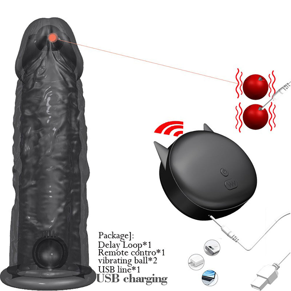 Realistic 2 Detachable Vibrating Balls Penis Sleeve Extender with Ball Loop & Remote, 10 Function, Reusable, Increase 10% Girth