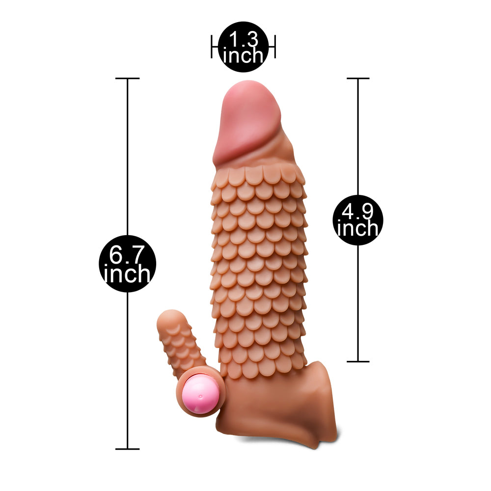 Extra 1 inch Sacles Textured Vibrating Penis Extender with Ball Loop 6.7 inch