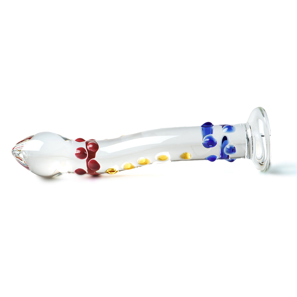 Nubby G-Spot Glass Dildo with Red, Yellow & Blue Accent 6 inch