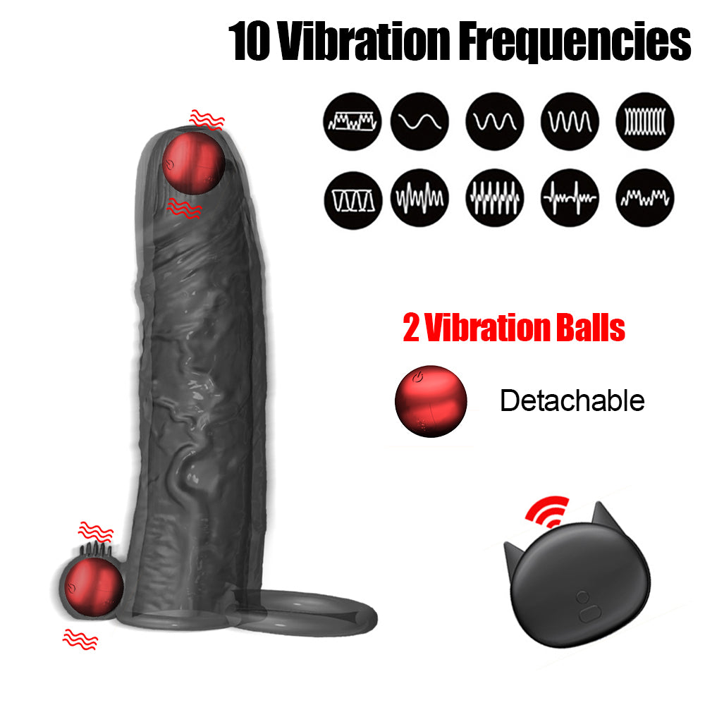 Realistic 2 Detachable Vibrating Balls Penis Sleeve Extender with Ball Loop & Remote, 10 Function, Reusable, Increase 10% Girth