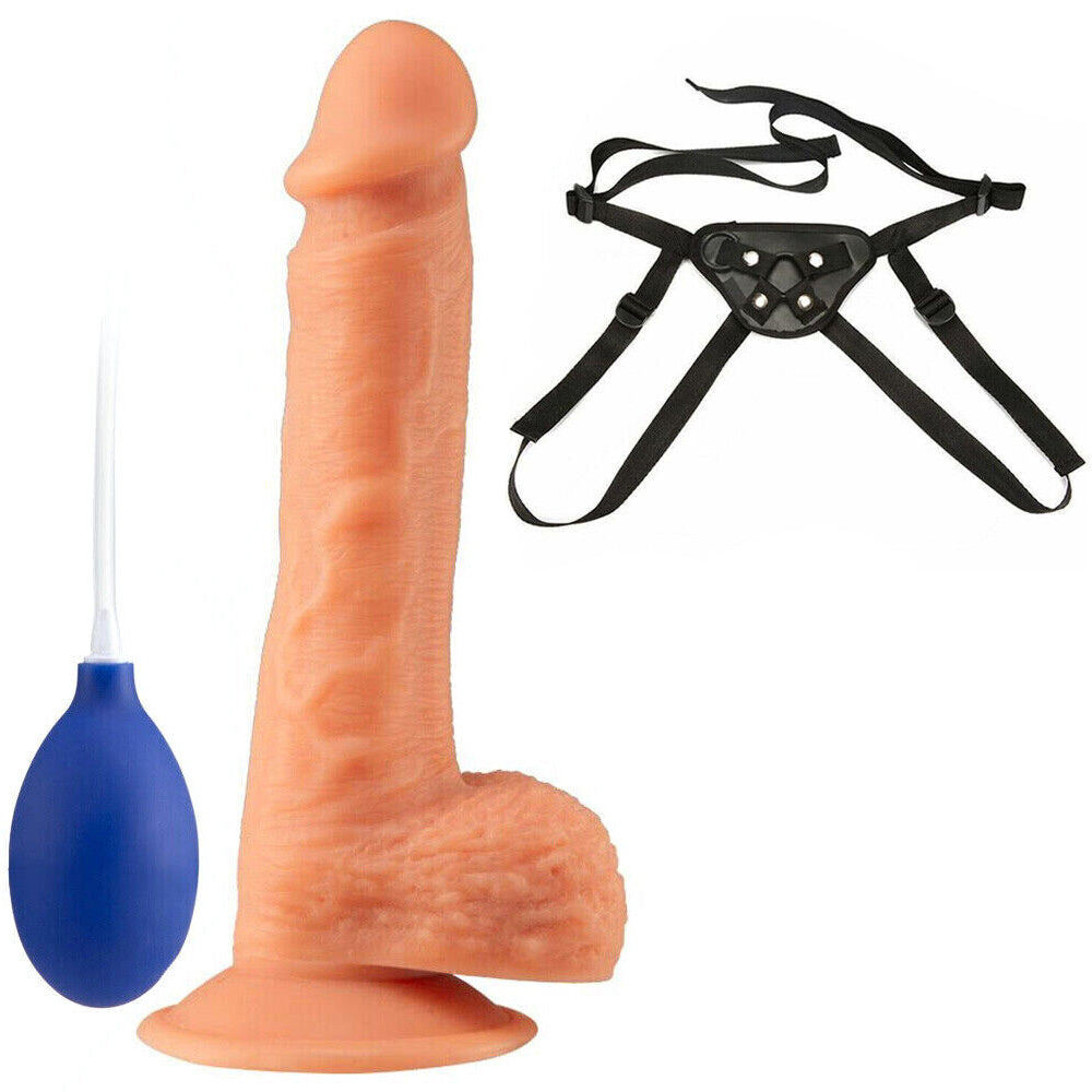 Unisex Strap-On Harness Kit with 8 inch Realistic Squirting Suction Cup Dildo & O-Rings