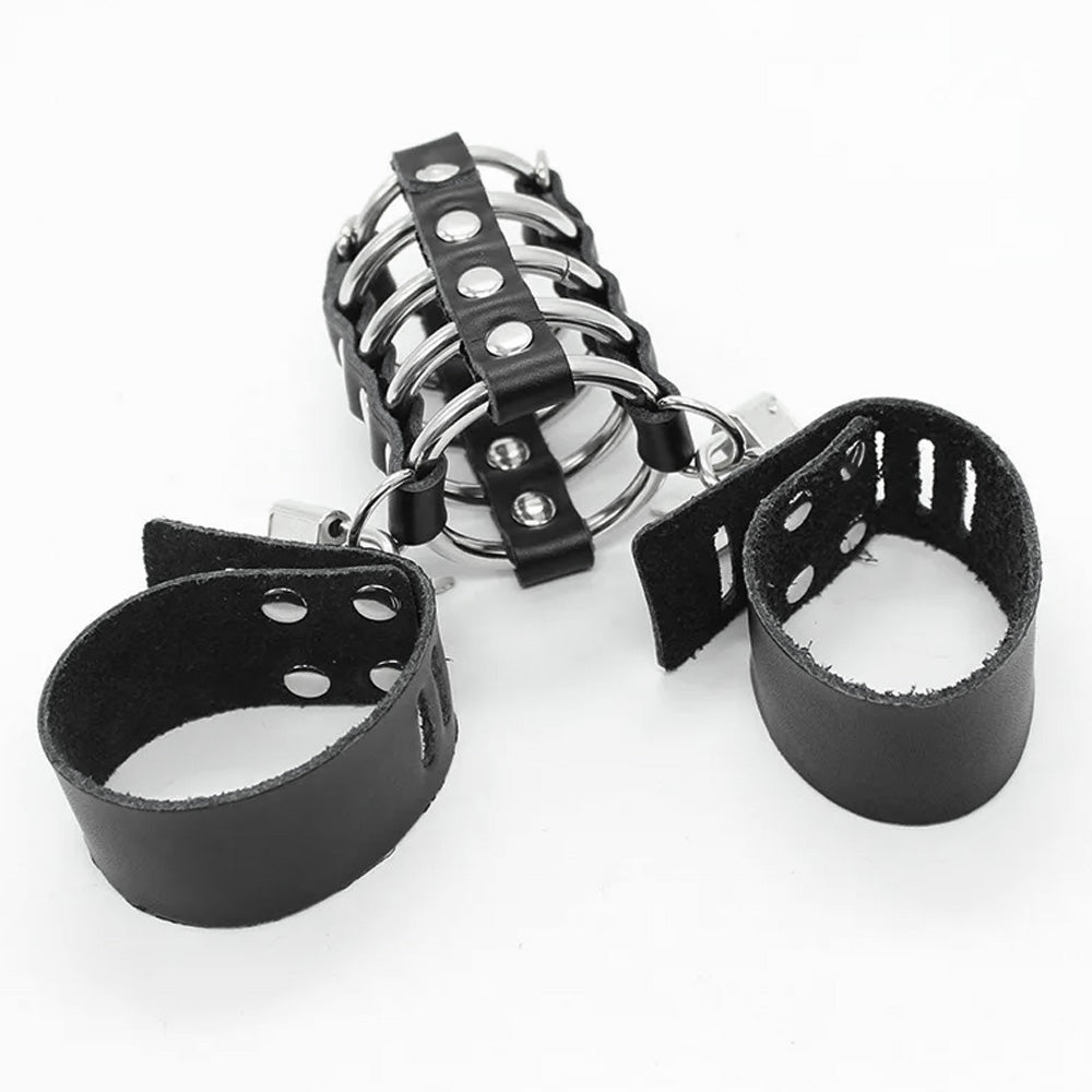 Faux Leather 5 Ring Chastity Device with Penis & Ball Strap
