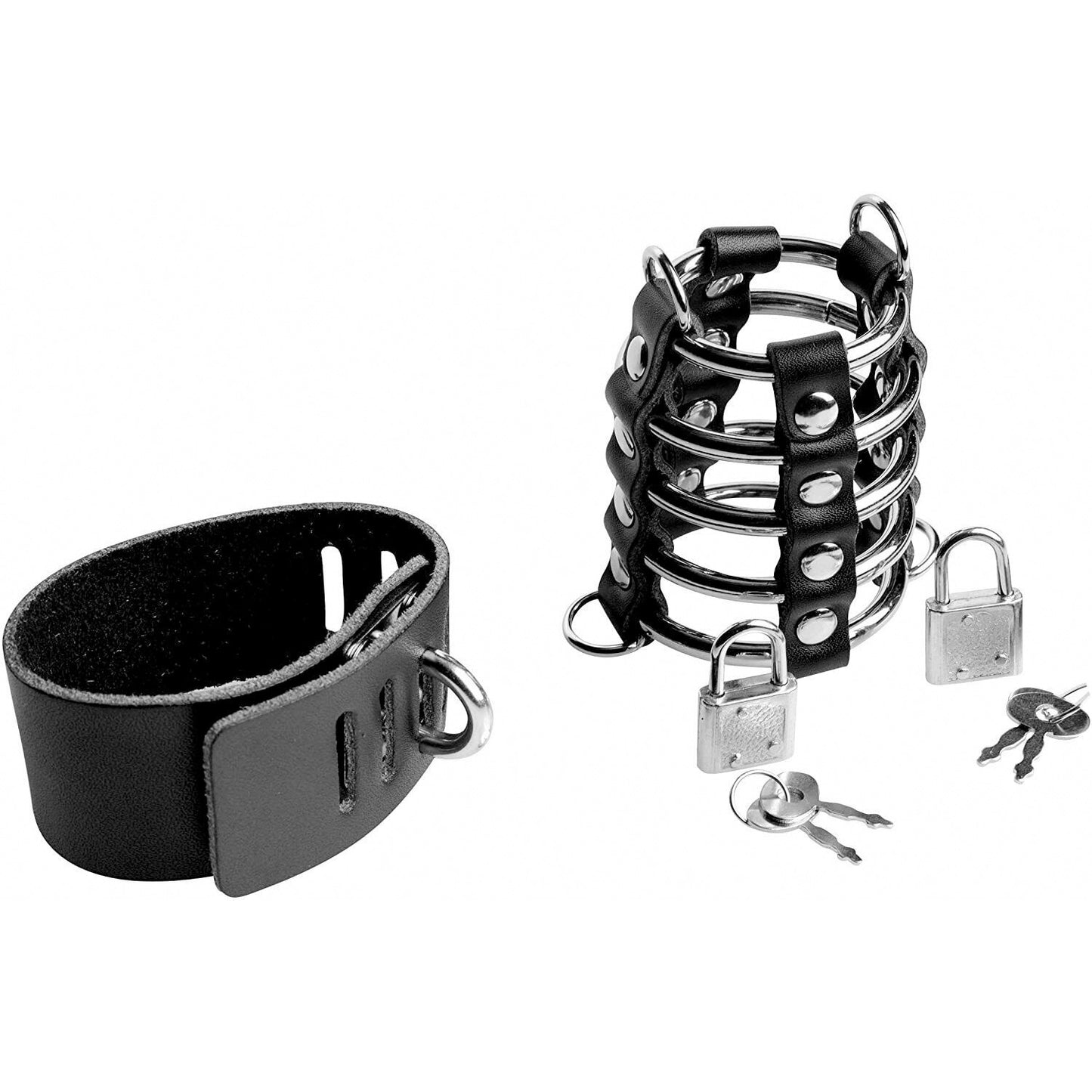 Faux Leather 5 Ring Chastity Device with Penis & Ball Strap