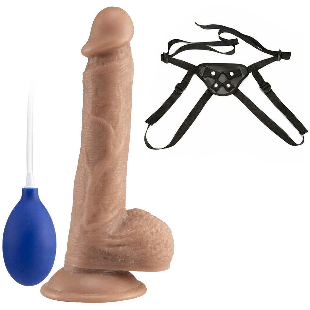 Unisex Strap-On Harness Kit with 8 inch Realistic Squirting Suction Cup Dildo & O-Rings