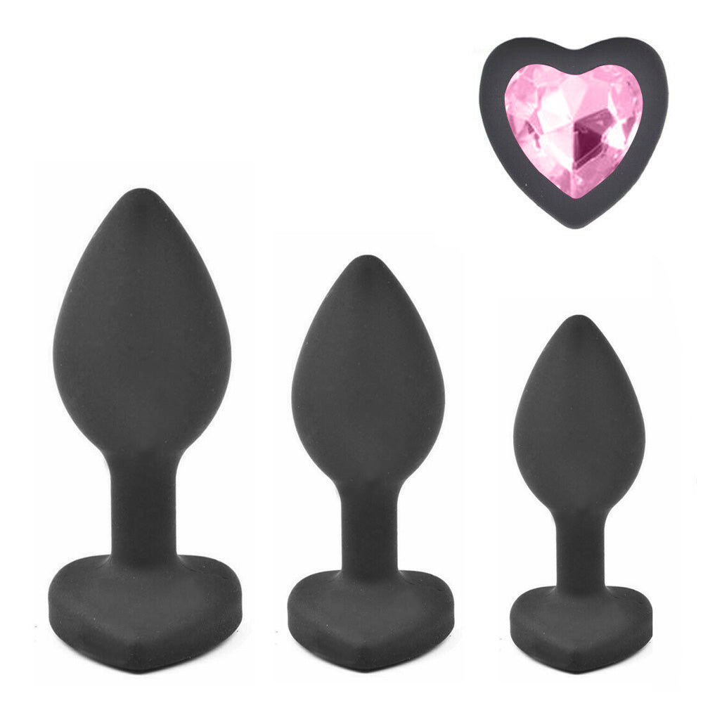 Black Silicone Heart Shaped Butt Plug with Diamond