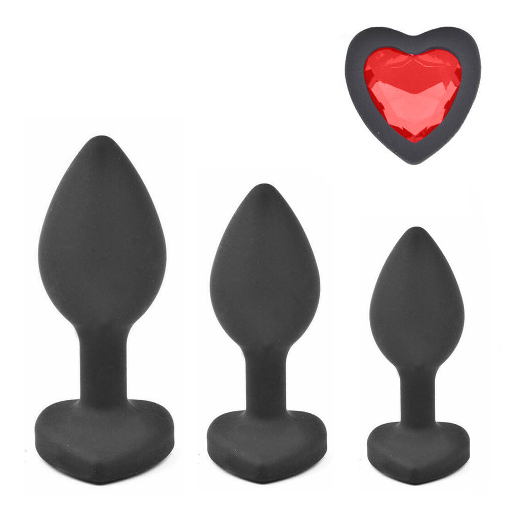 Black Silicone Heart Shaped Butt Plug with Diamond