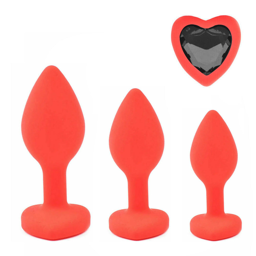 Red Silicone Heart Shaped Butt Plug with Diamond