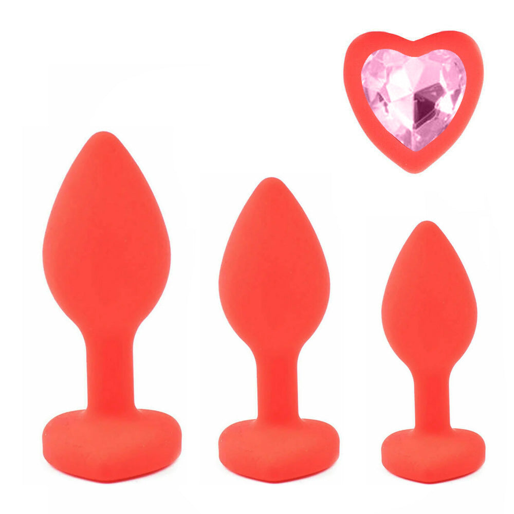 Red Silicone Heart Shaped Butt Plug with Diamond