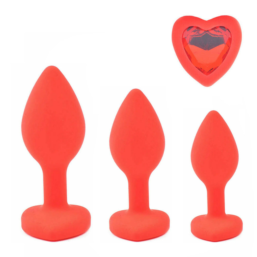 Red Silicone Heart Shaped Butt Plug with Diamond