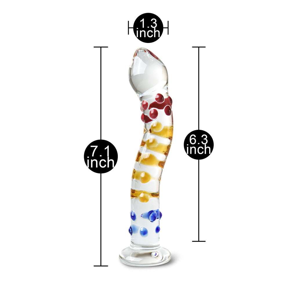 Nubby G-Spot Glass Dildo with Red, Yellow & Blue Accent 6 inch