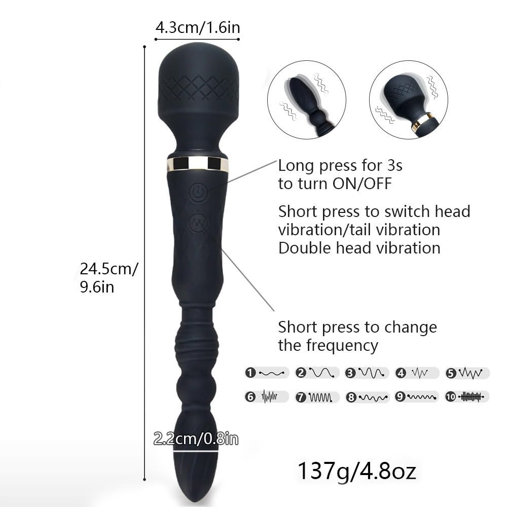 Double Head Massage Wand Vibrator and Anal Plug, 10 Function