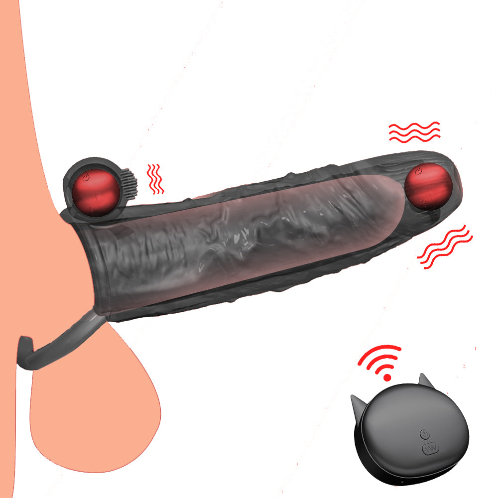 Realistic 2 Detachable Vibrating Balls Penis Sleeve Extender with Ball Loop & Remote, 10 Function, Reusable, Increase 10% Girth