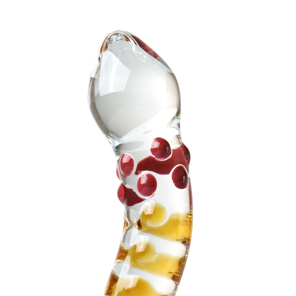 Nubby G-Spot Glass Dildo with Red, Yellow & Blue Accent 6 inch