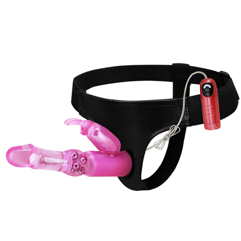 Rotating Rabbit Vibrator Strap-On Harness with Remote Control, Multi-Speed, 7 inch