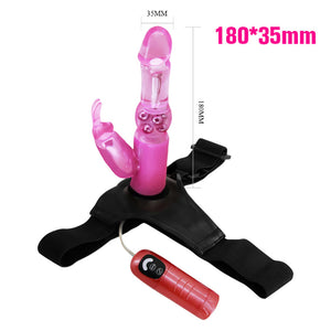 Rotating Rabbit Vibrator Strap-On Harness with Remote Control, Multi-Speed, 7 inch