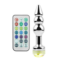 Load image into Gallery viewer, Light Up LED Metallic Butt Plug V with 21 Key Remote