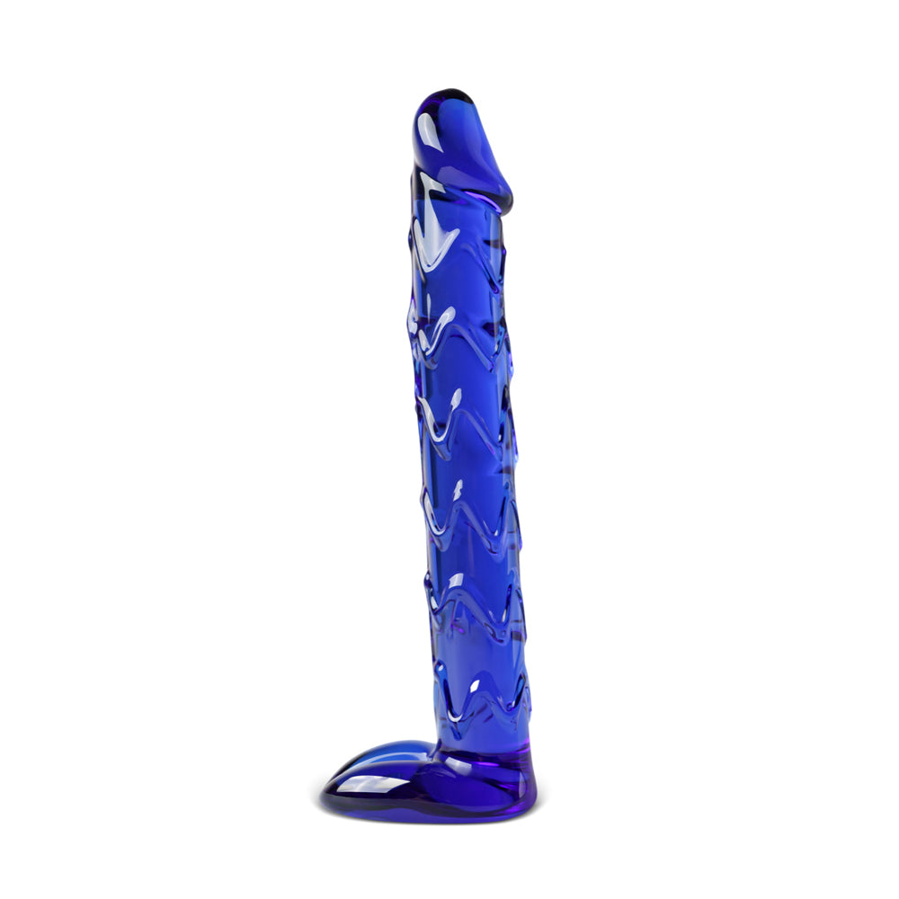 Blue Zig Zag Glass Dildo with Balls 7 inch