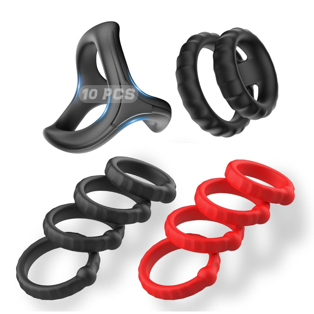 Silicone Cock and Ball Sling & Cock Ring Kit (10 Piece)