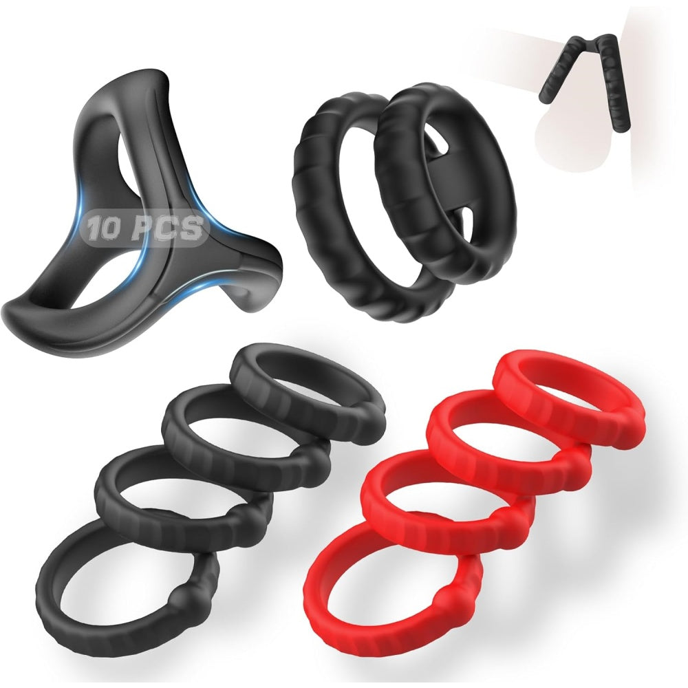 Silicone Cock and Ball Sling & Cock Ring Kit (10 Piece)