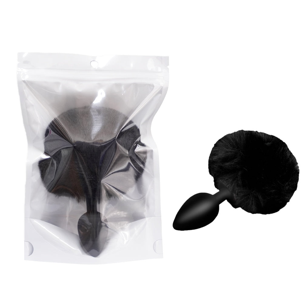 Small Black Silicone Bunny Tail Butt Plug 2 Inch