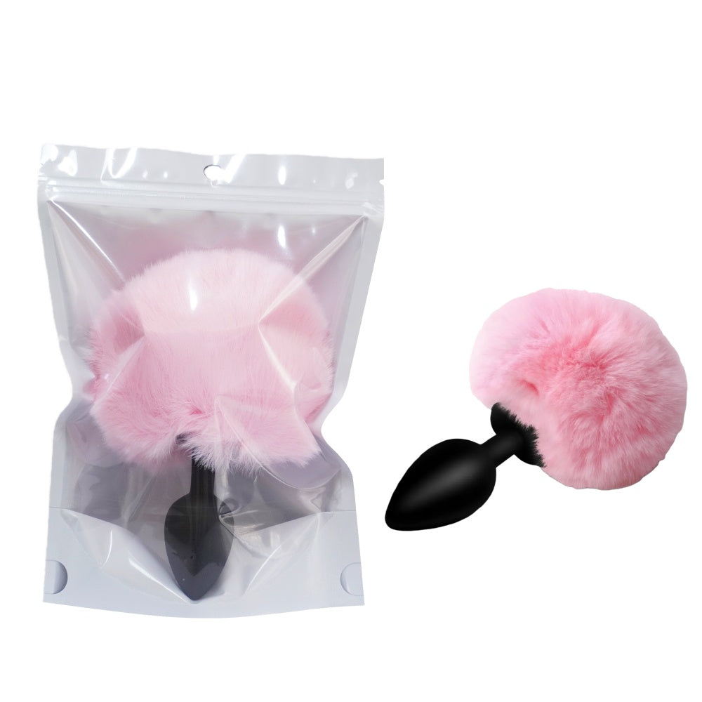 Small Black Silicone Bunny Tail Butt Plug 2 Inch