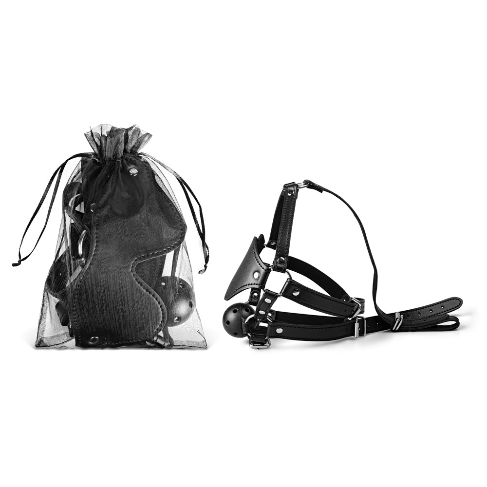 Faux Leather Blindfold Head Harness with Ball Gag