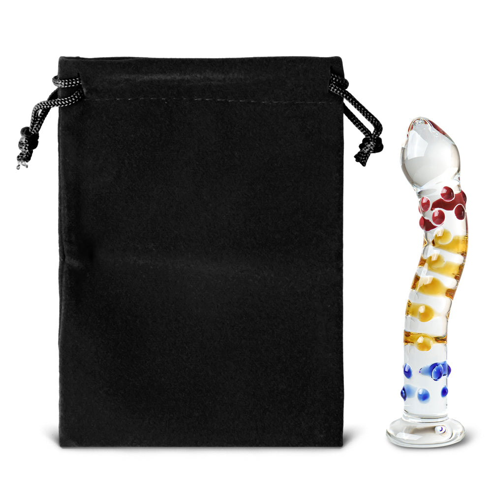 Nubby G-Spot Glass Dildo with Red, Yellow & Blue Accent 6 inch