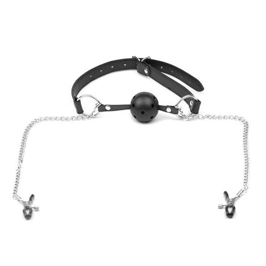 Faux Leather Breathable Ball Gag with Nipple Clamps