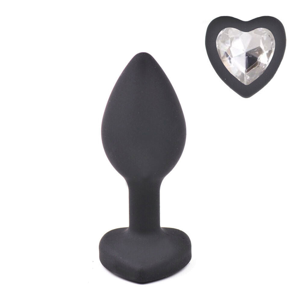 Black Silicone Heart Shaped Butt Plug with Diamond