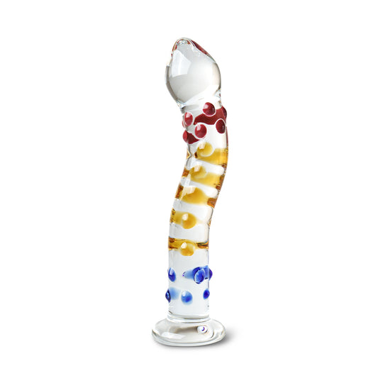 Nubby G-Spot Glass Dildo with Red, Yellow & Blue Accent 6 inch