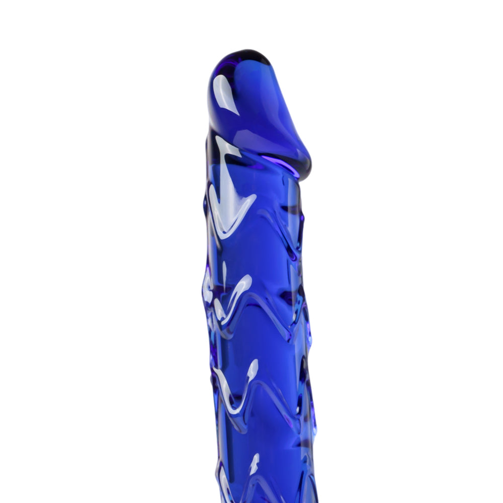 Blue Zig Zag Glass Dildo with Balls 7 inch