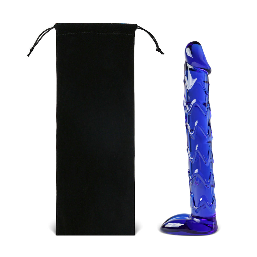 Blue Zig Zag Glass Dildo with Balls 7 inch