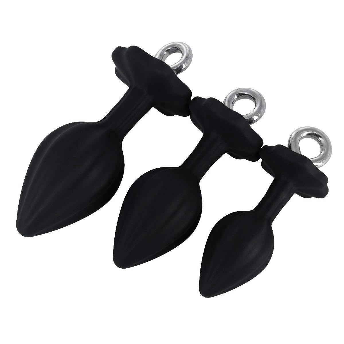 Jeweled Black Silicone Butt Plug with Ring (3 Piece)