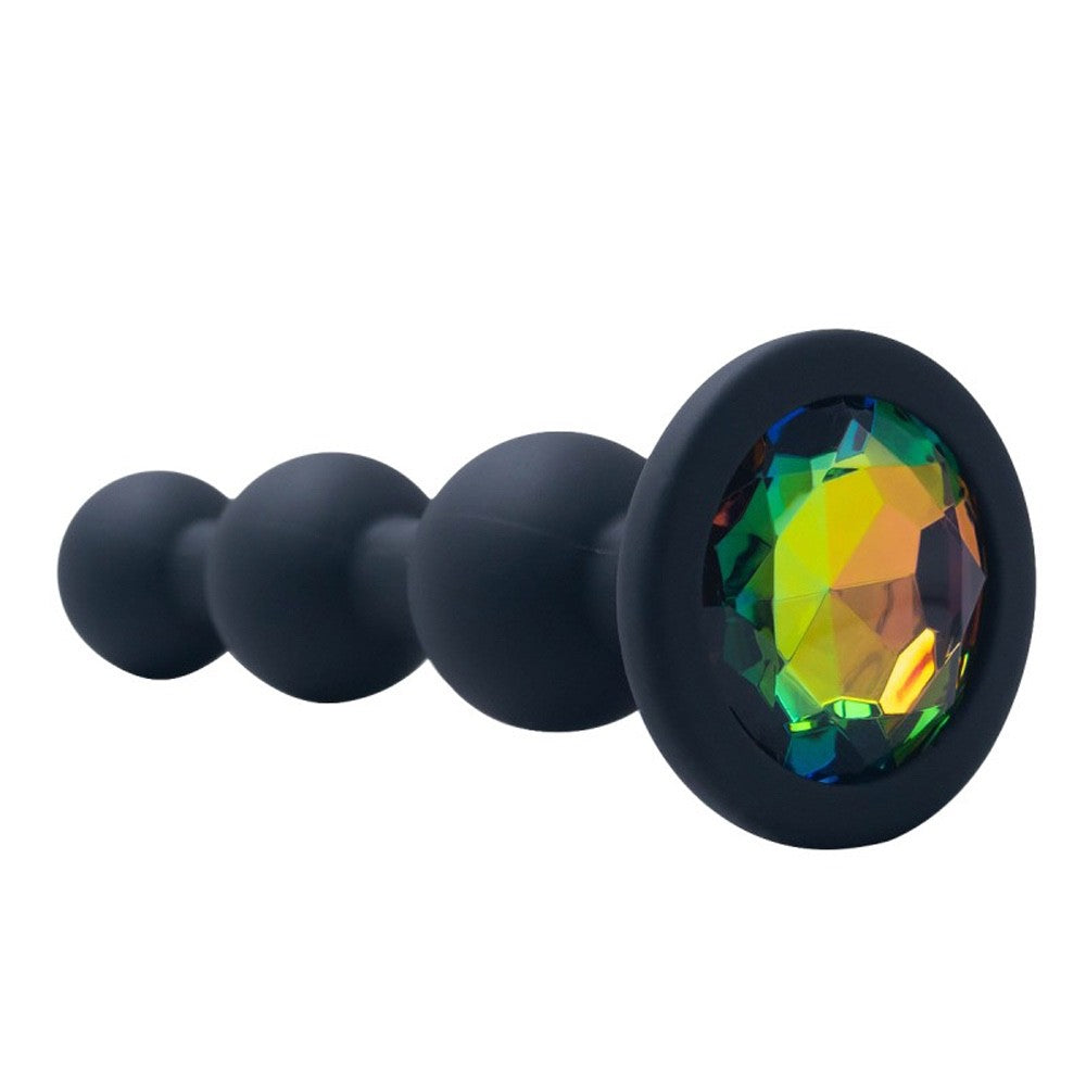 Large Rainbow Jeweled Triple Beaded Black Silicone Anal Butt Plug 3.5 inch