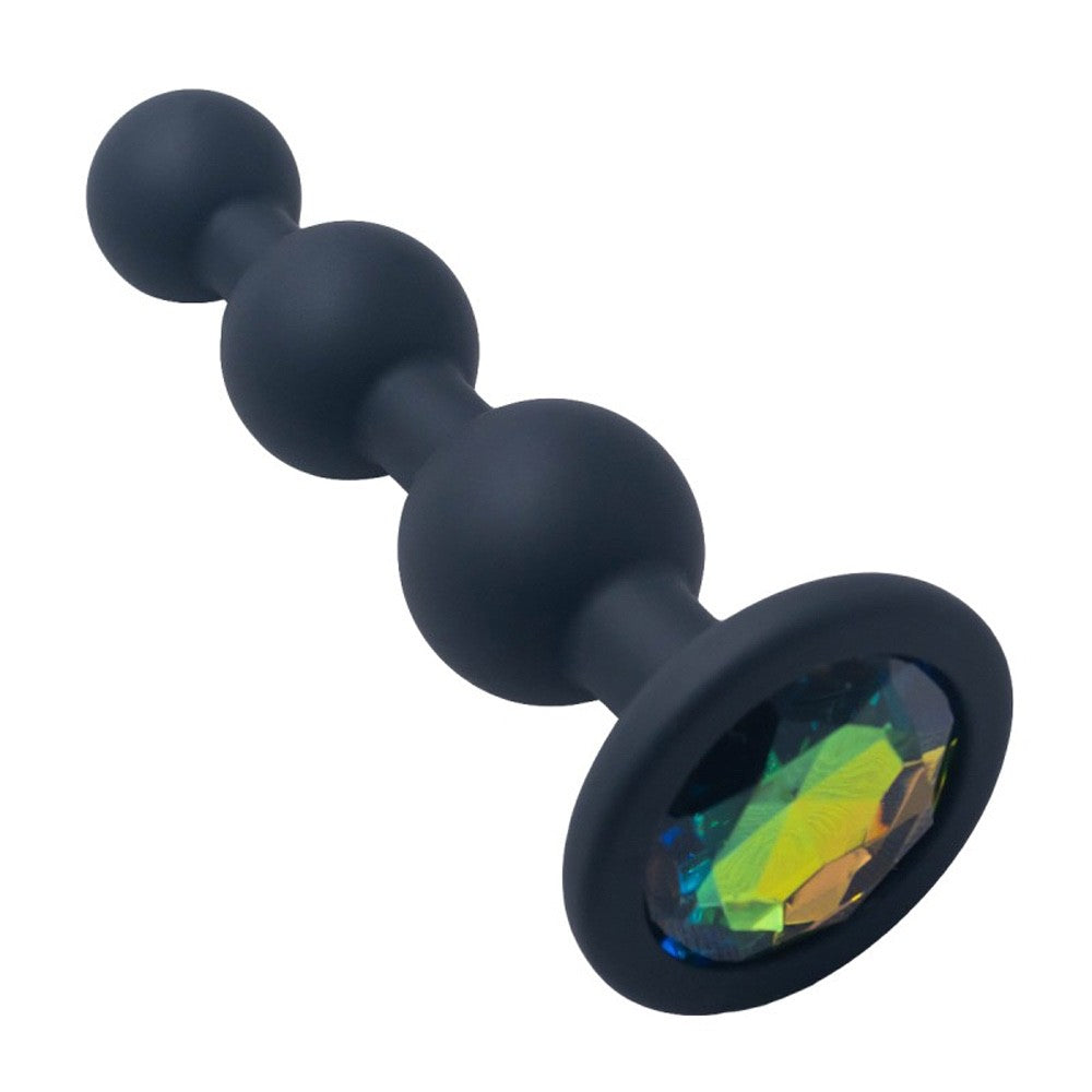 Large Rainbow Jeweled Triple Beaded Black Silicone Anal Butt Plug 3.5 inch