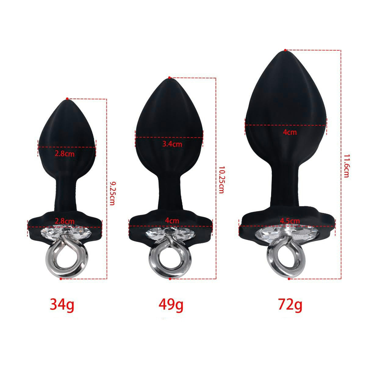 Jeweled Black Silicone Butt Plug with Ring (3 Piece)