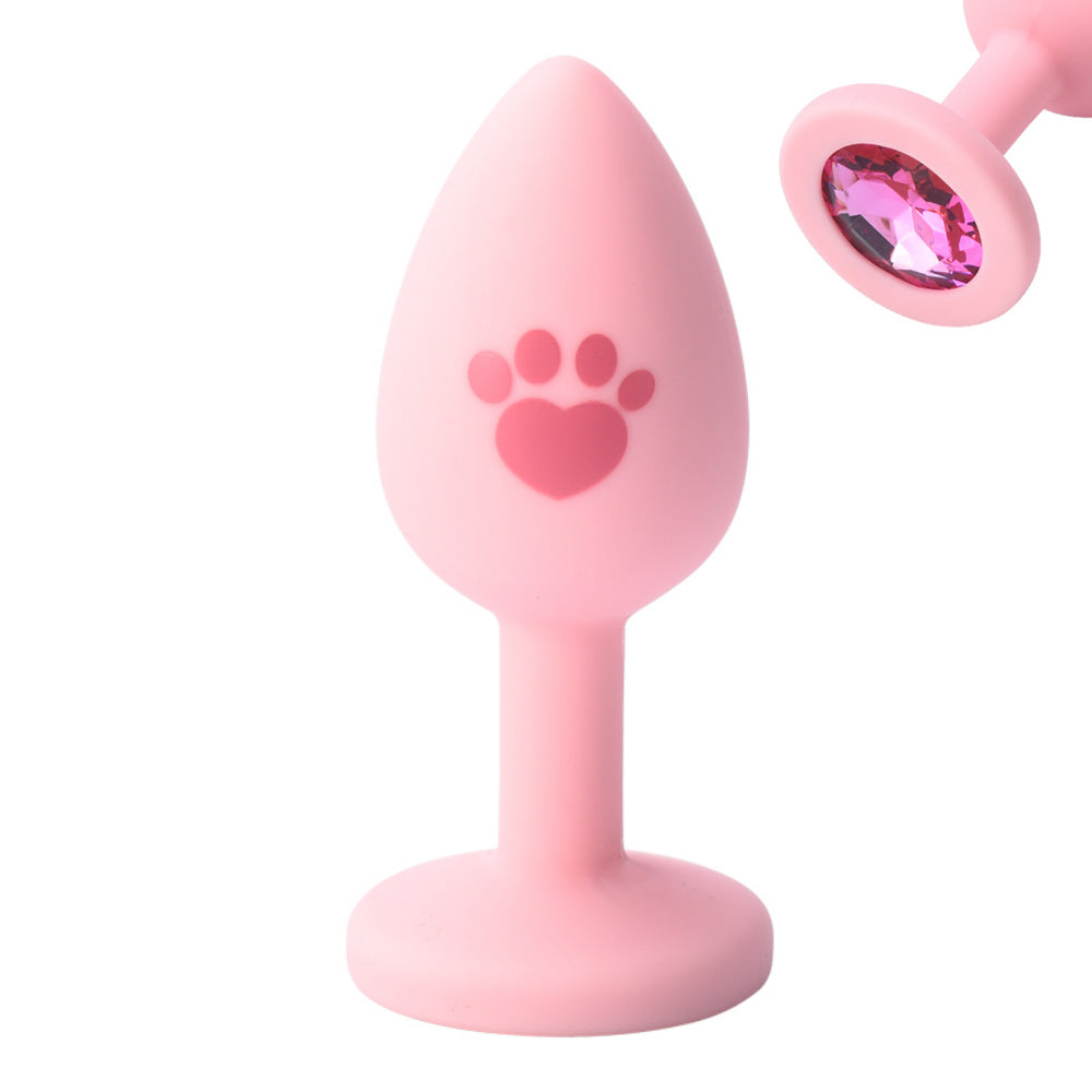 Small Cat Paw Jeweled Pink Silicone Butt Plug 2 inch