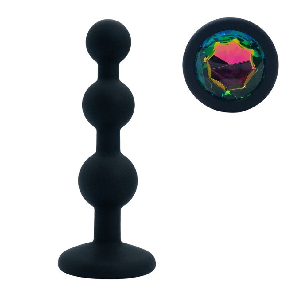 Large Rainbow Jeweled Triple Beaded Black Silicone Anal Butt Plug 3.5 inch