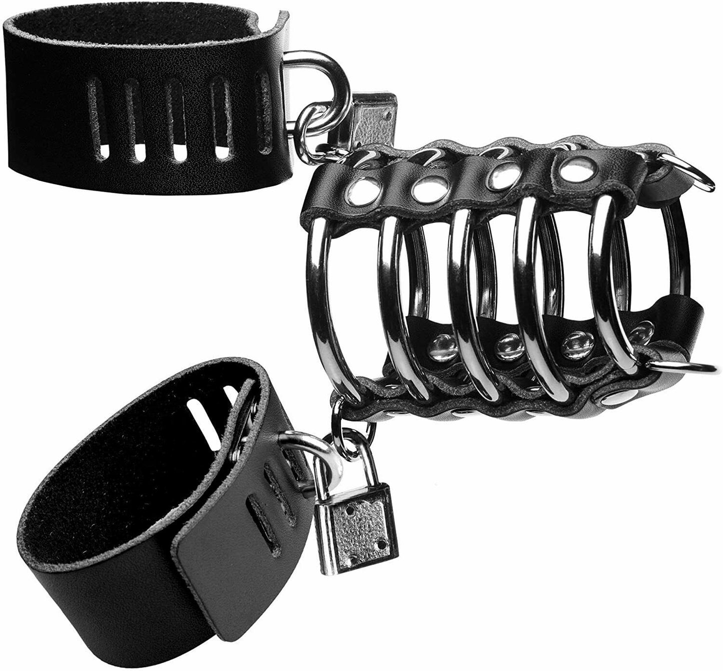 Faux Leather 5 Ring Chastity Device with Penis & Ball Strap