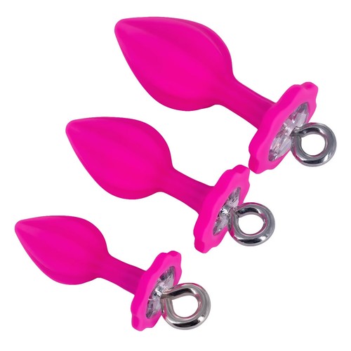 Jeweled Black Silicone Butt Plug with Ring (3 Piece)
