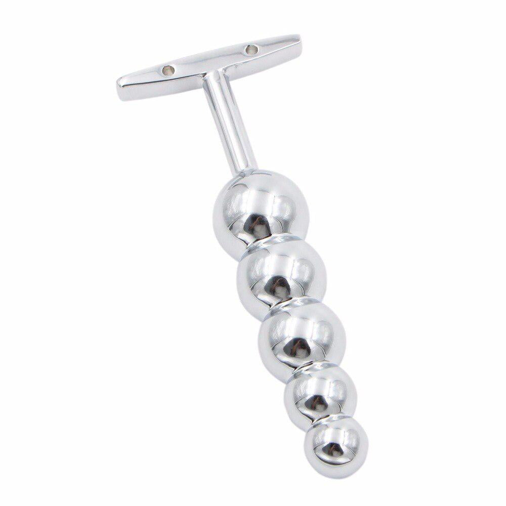 Metal 5-Ball Beaded Anal Wand with T-Handle