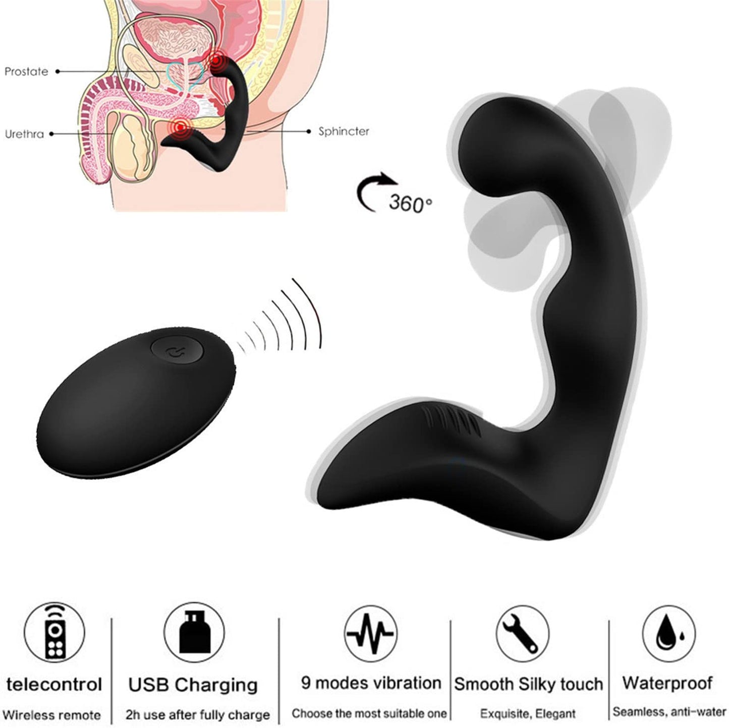 360 Rotation Remote Control Prostate Massager, 9 Function