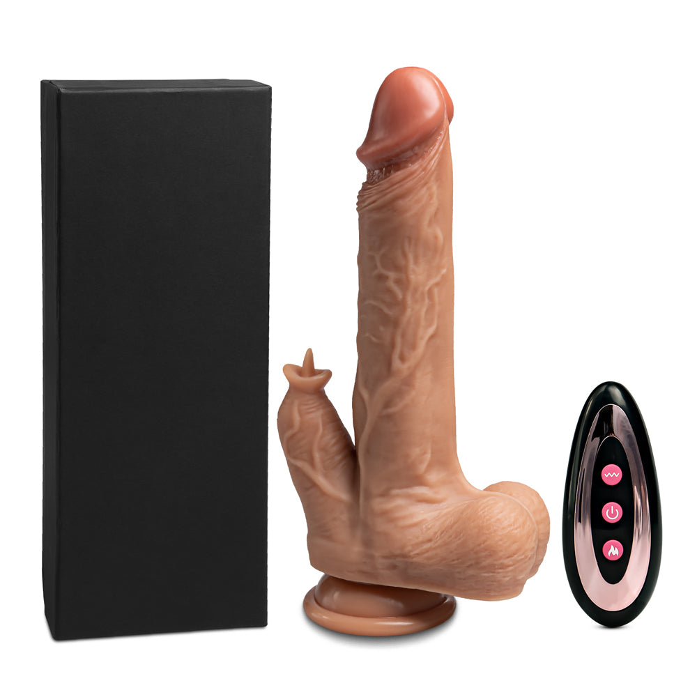 8.9" Rechargeable Vibrating, Thrusting & Warming Dildo with Vibrating Tongue & Remote, 13 Function