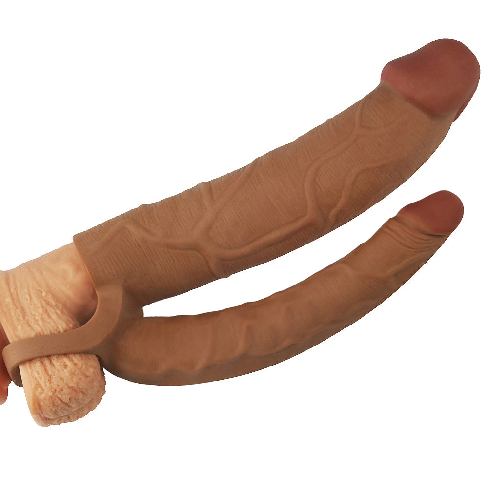 Lovetoy Add 3" Pleasure X Tender Double Penis Sleeve Brown